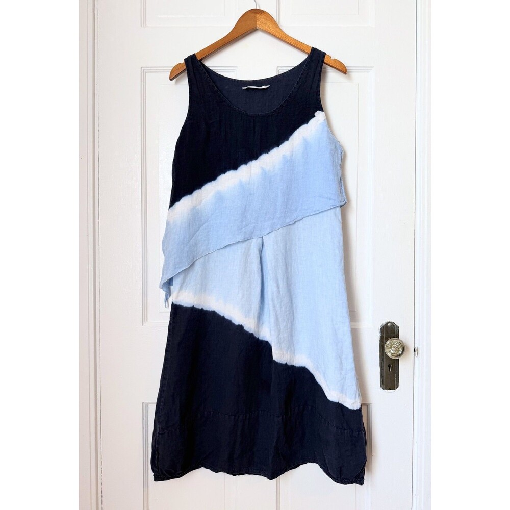 Luna Luz 100% Linen Tie Dye Colorblock Layered Midi Dress Small Art to Wear